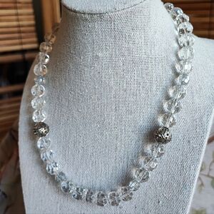 Softly Faceted Clear Glass Vintage Necklace Hollow Filigree Silver Beads EUC